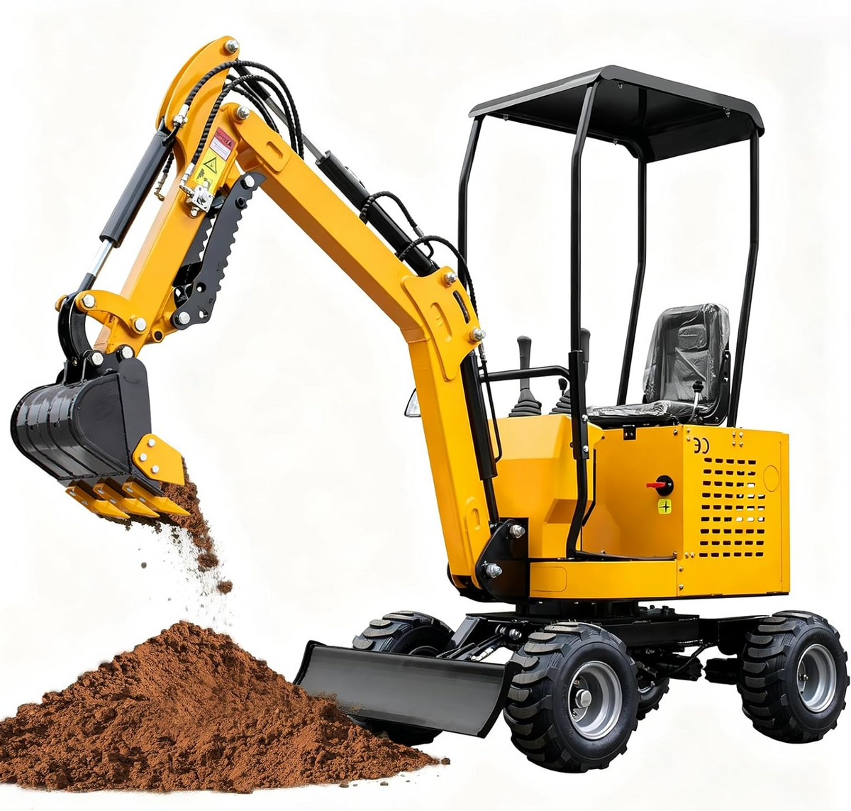 1 ton mini excavator with wheels, yellow compact digger with bucket and mechanical thumb clamp