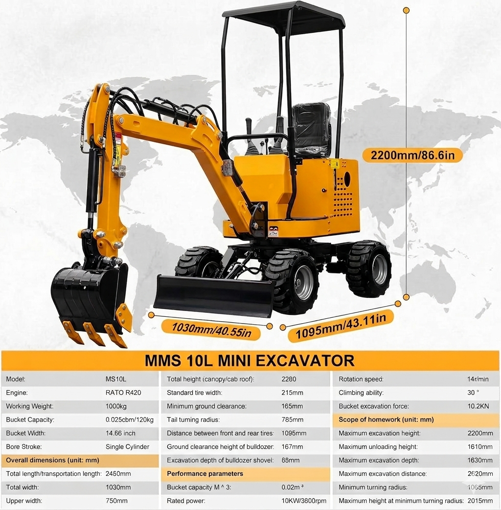 MMS 10L mini excavator with wheels, yellow compact digger with black canopy and bucket