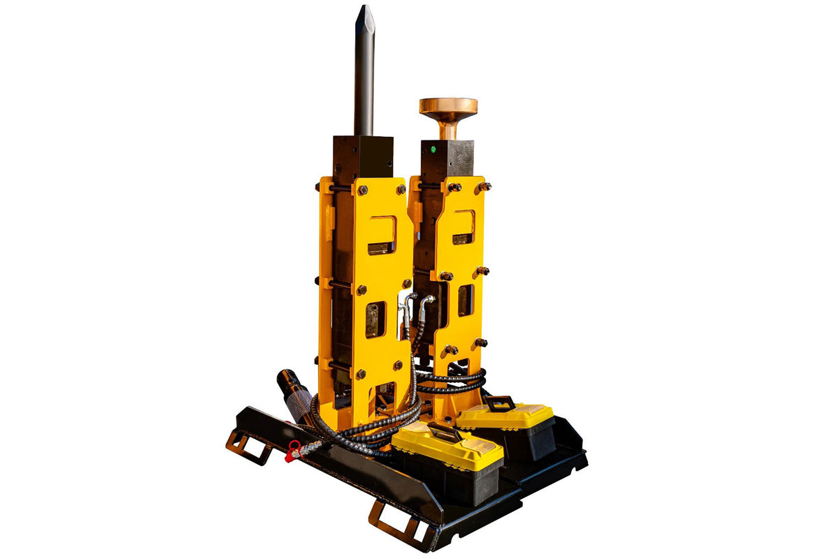 MMS hydraulic breaker and pile driver attachment for skid steer loader, yellow and black steel