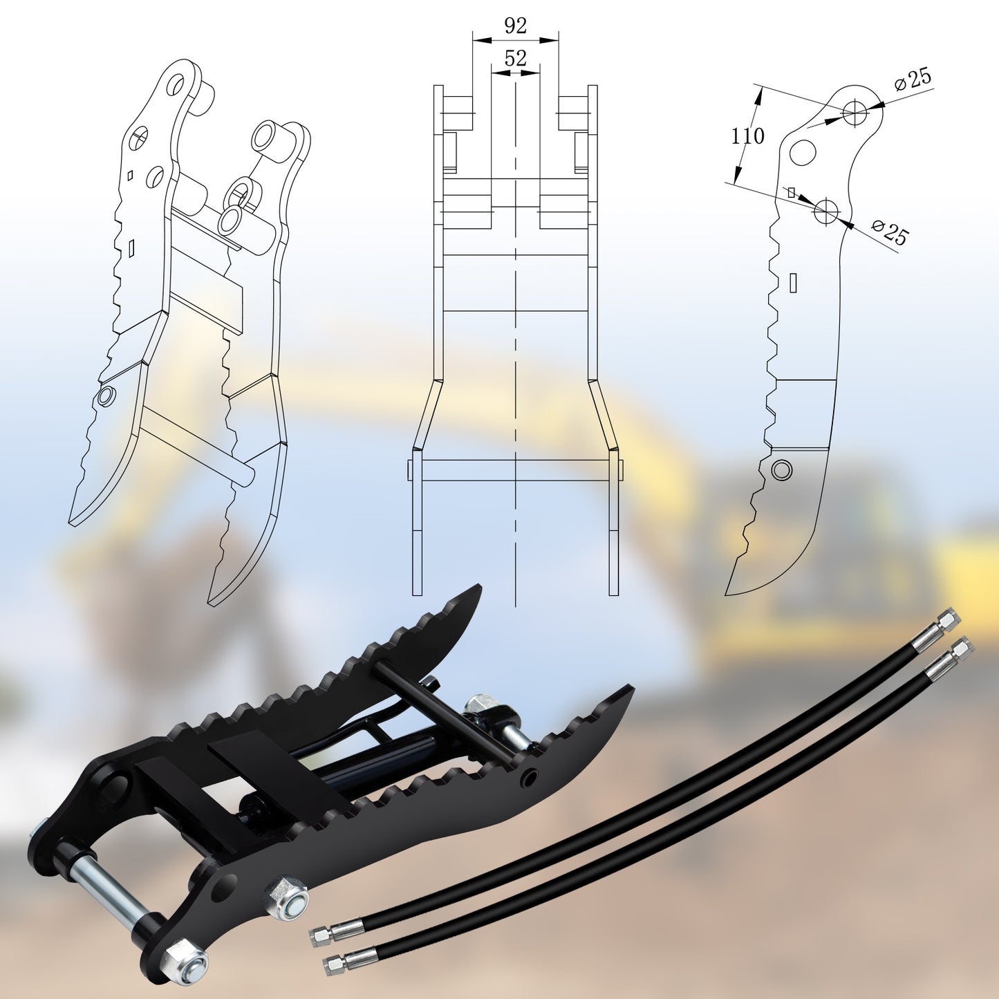 MMS Mini Excavator Hydraulic Thumb Clip with 2 Hydraulic Cylinder for Small Digger up to 2 tons