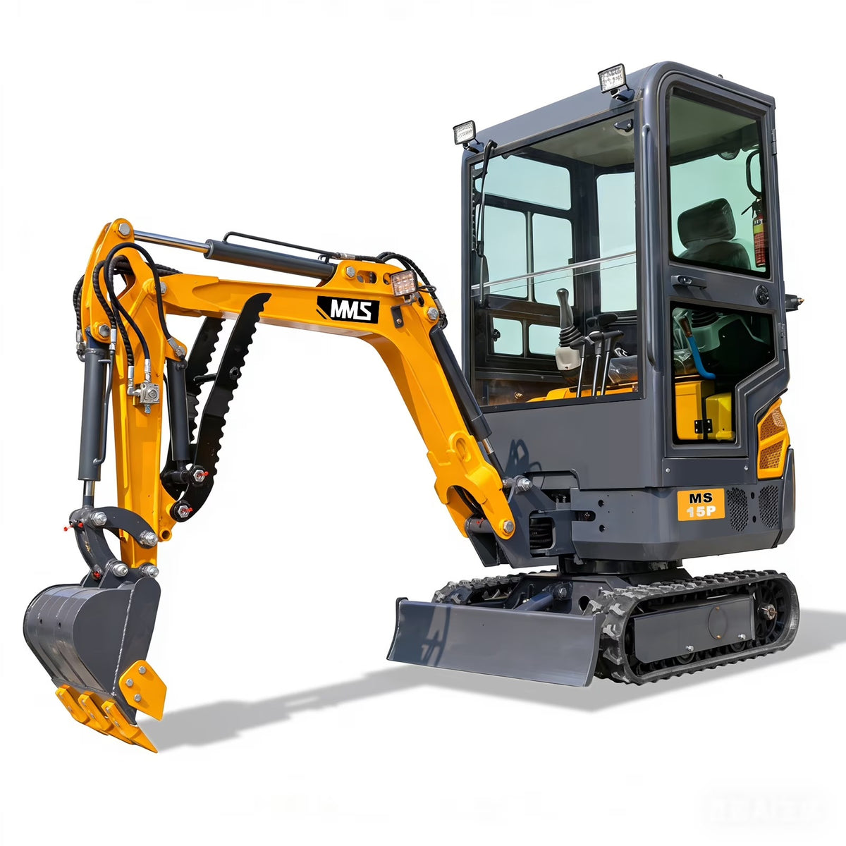 MS15PRO mini excavator with cab, side swing boom, hydraulic thumb, and tracked undercarriage