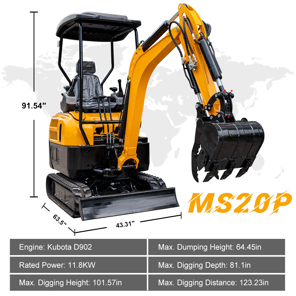 MS20PRO 2-ton mini excavator with Kubota D902 engine, hydraulic thumb and side swing