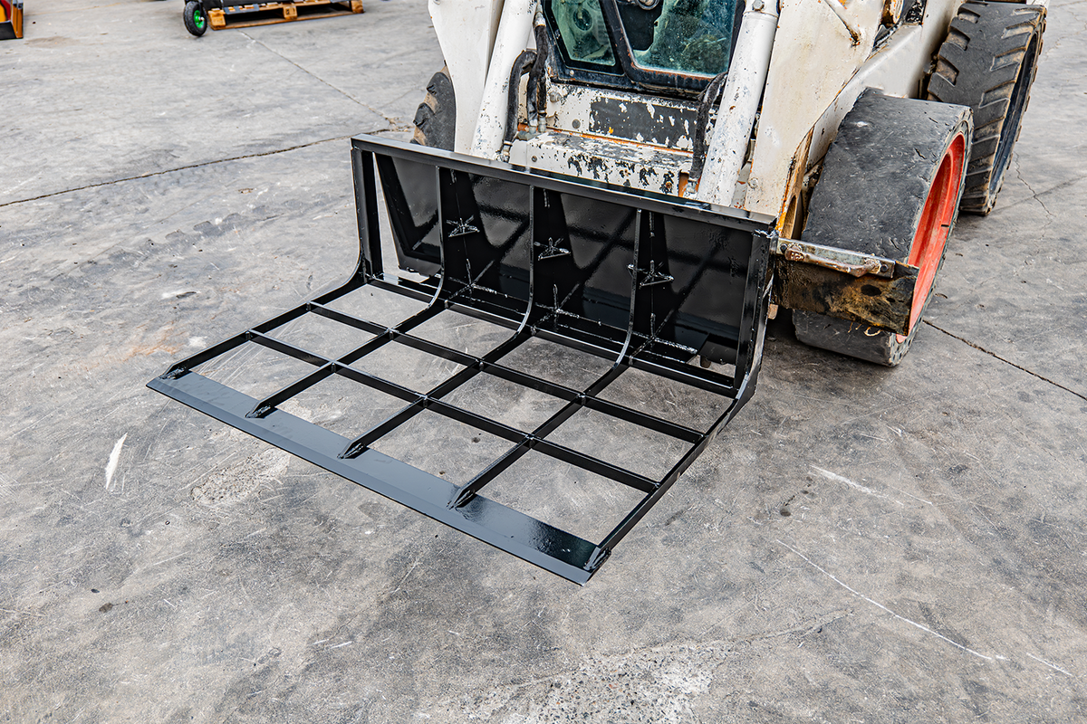 Black skid steer land leveler attachment with reinforced grid frame
