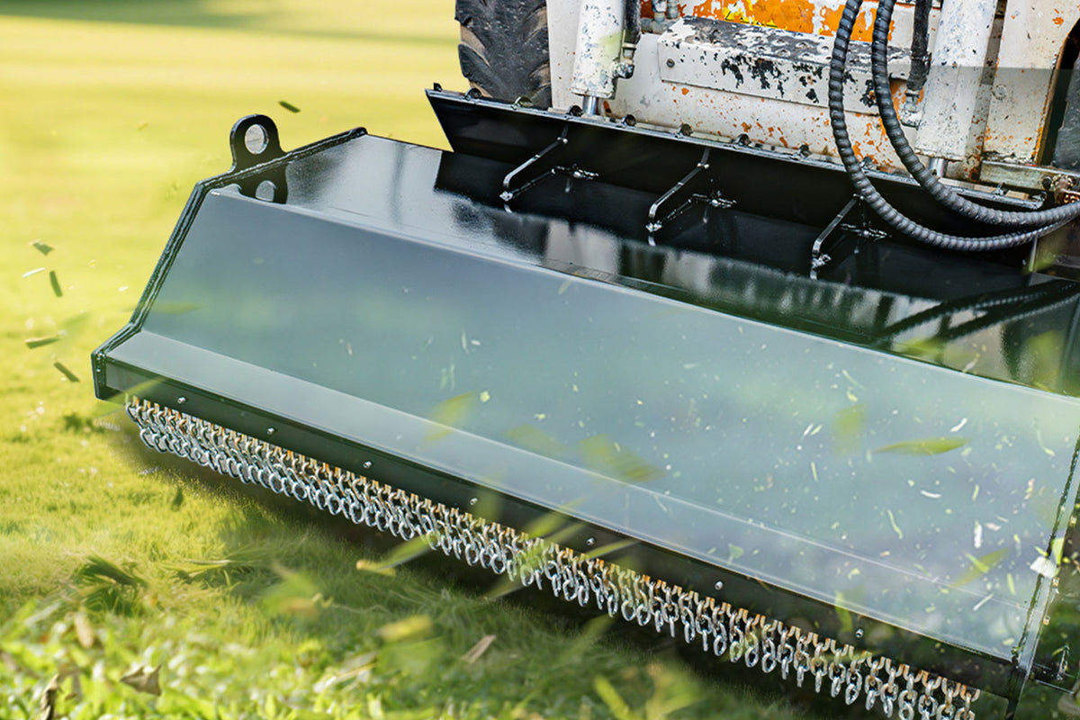 72-inch skid steer mower attachment cutting grass and weeds with black steel deck