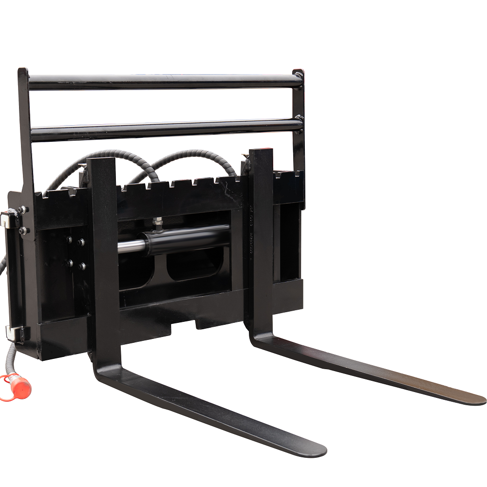Black hydraulic side shift pallet forks and frame attachment for mini skid steer loader