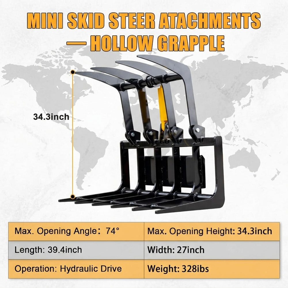 Mini skid steer hollow root grapple attachment with 74° opening angle, 34.3in opening height