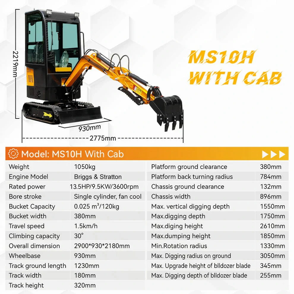 MS10H Gasoline 1-Ton Mini Excavator, 13.5 HP, with Cab