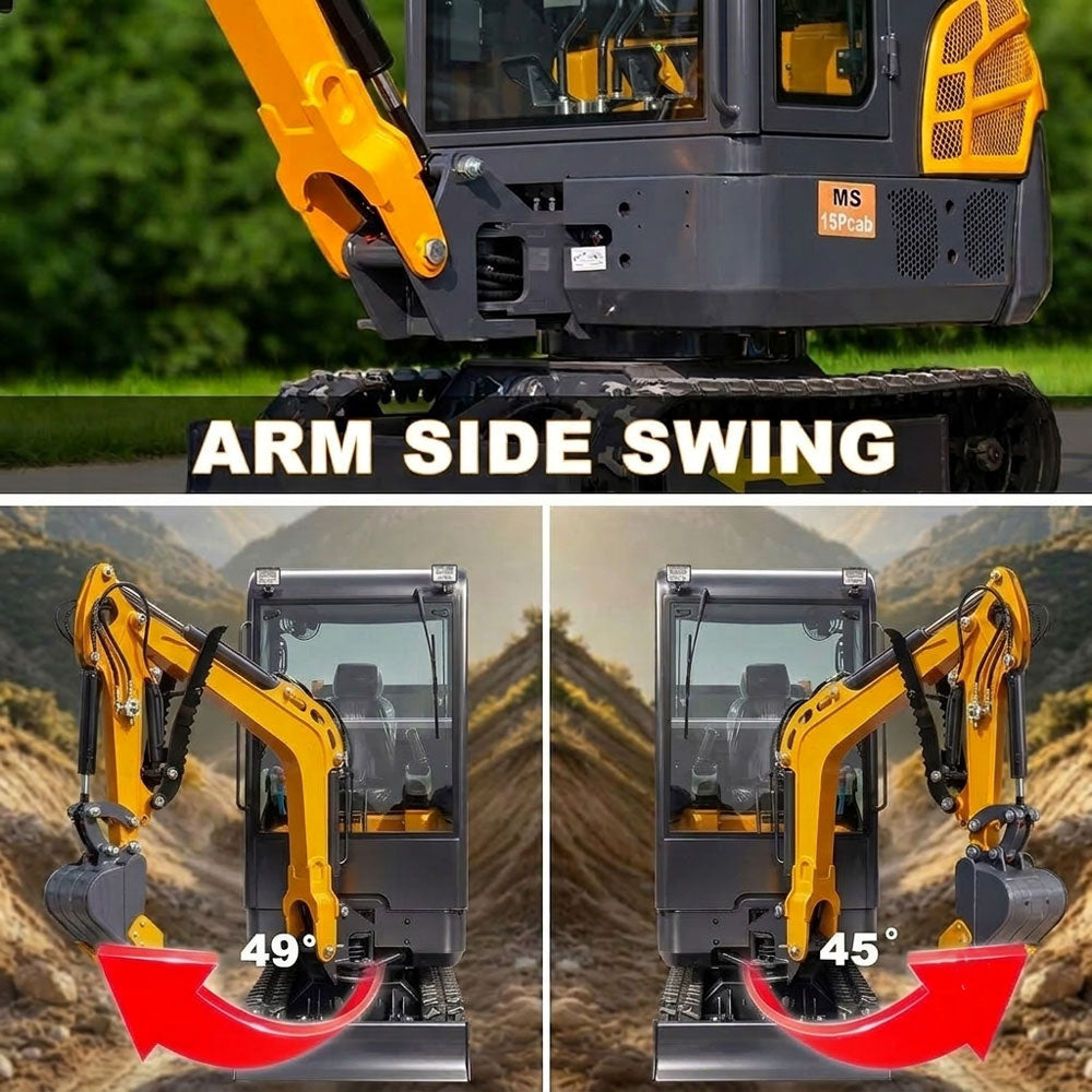 MS15PRO mini excavator with cab, side swing boom, and hydraulic thumb