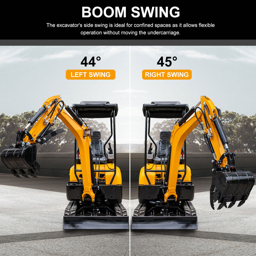 MS20PRO mini excavator boom swing, 44° left and 45° right, with bucket
