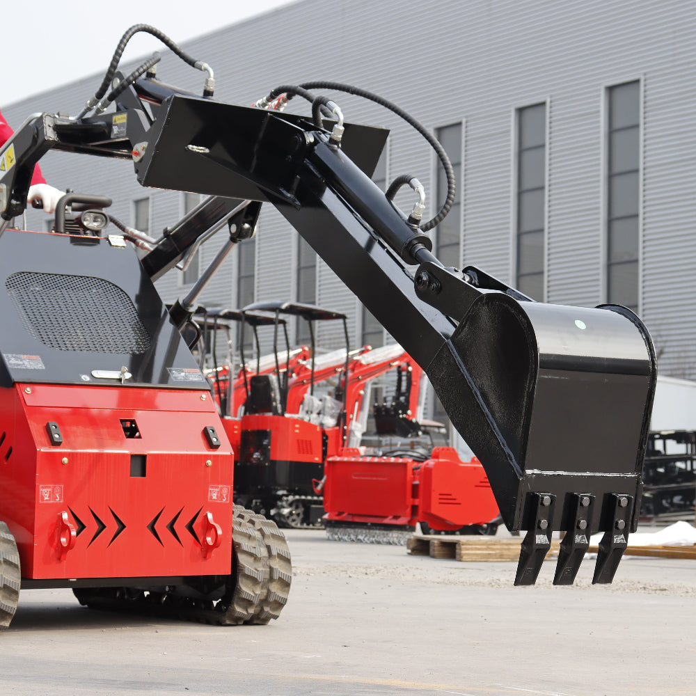 Black MMS backhoe fronthoe attachment on red skid steer loader with digging bucket