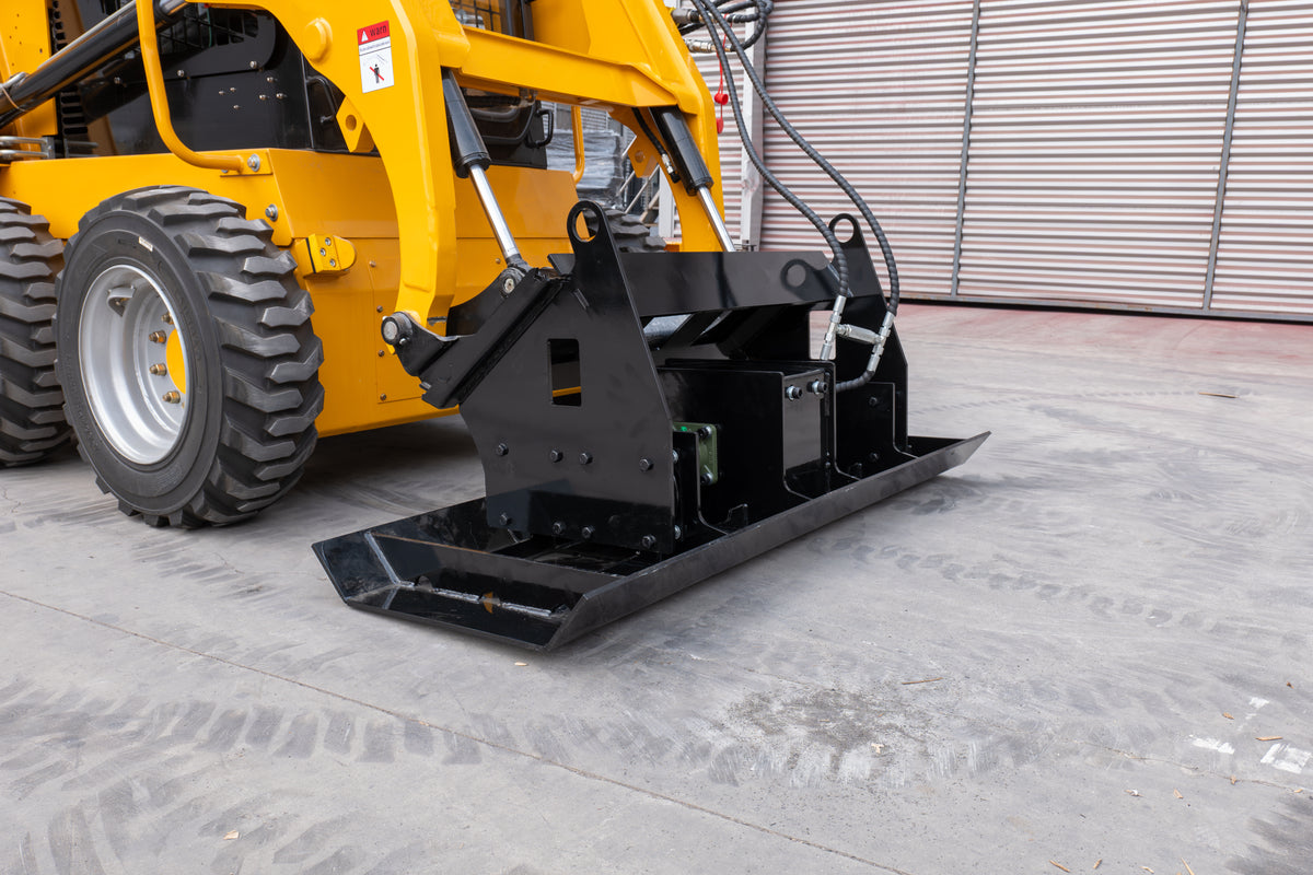 MMS road vibratory flat plate compactor attachment on skid steer loader, black steel