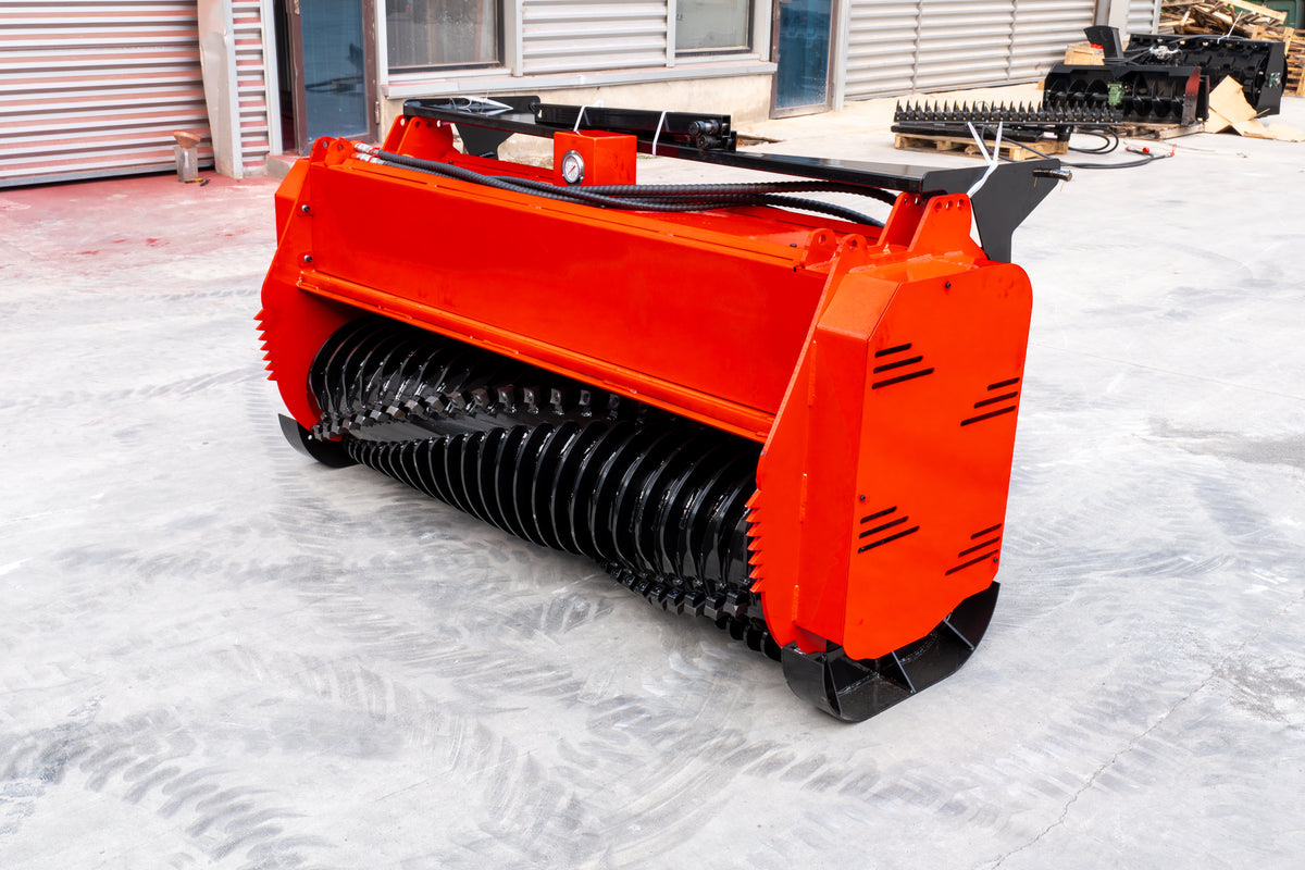 Orange 72-inch skid steer mulcher attachment with black cutting drum and universal mount