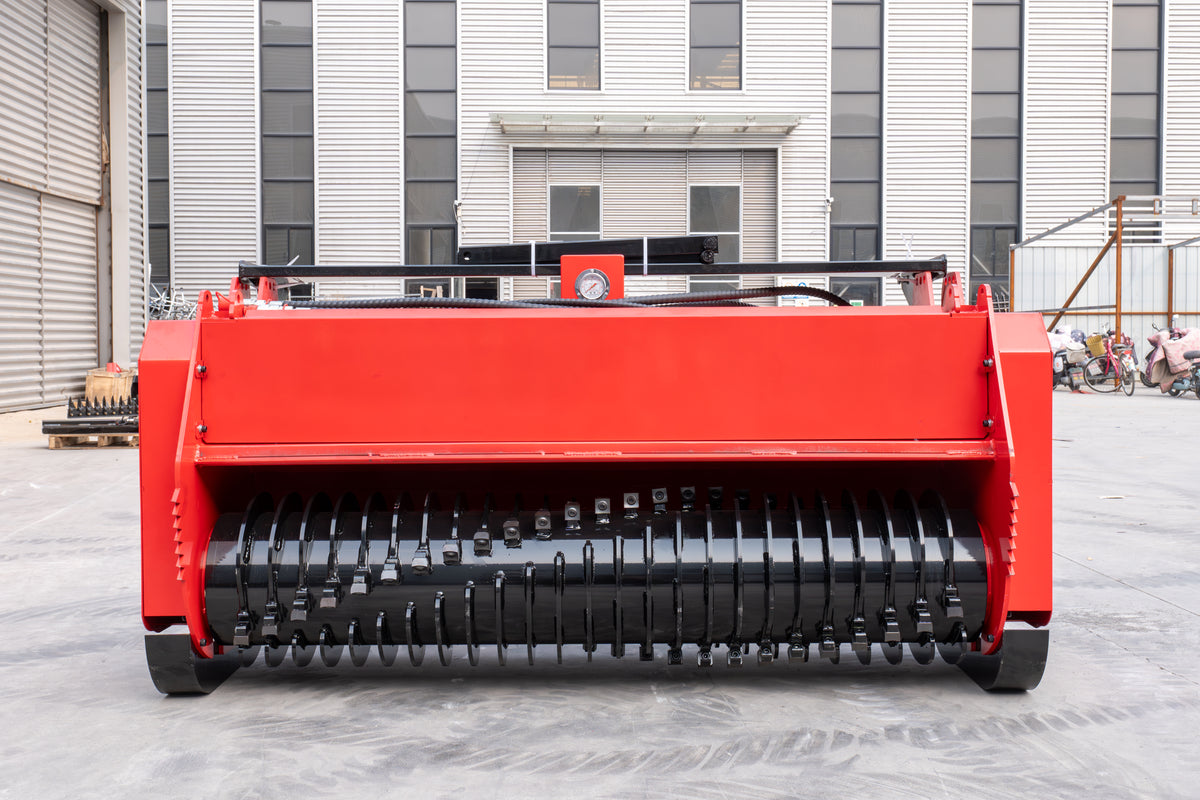 Red 72-inch skid steer mulcher attachment with black cutting drum and teeth