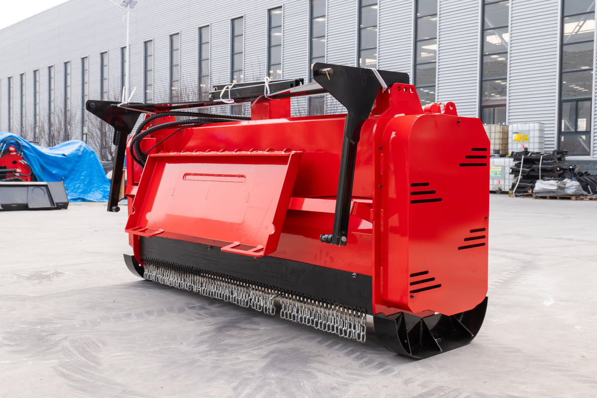 Red 72-inch skid steer mulcher attachment with black mount and cutting teeth