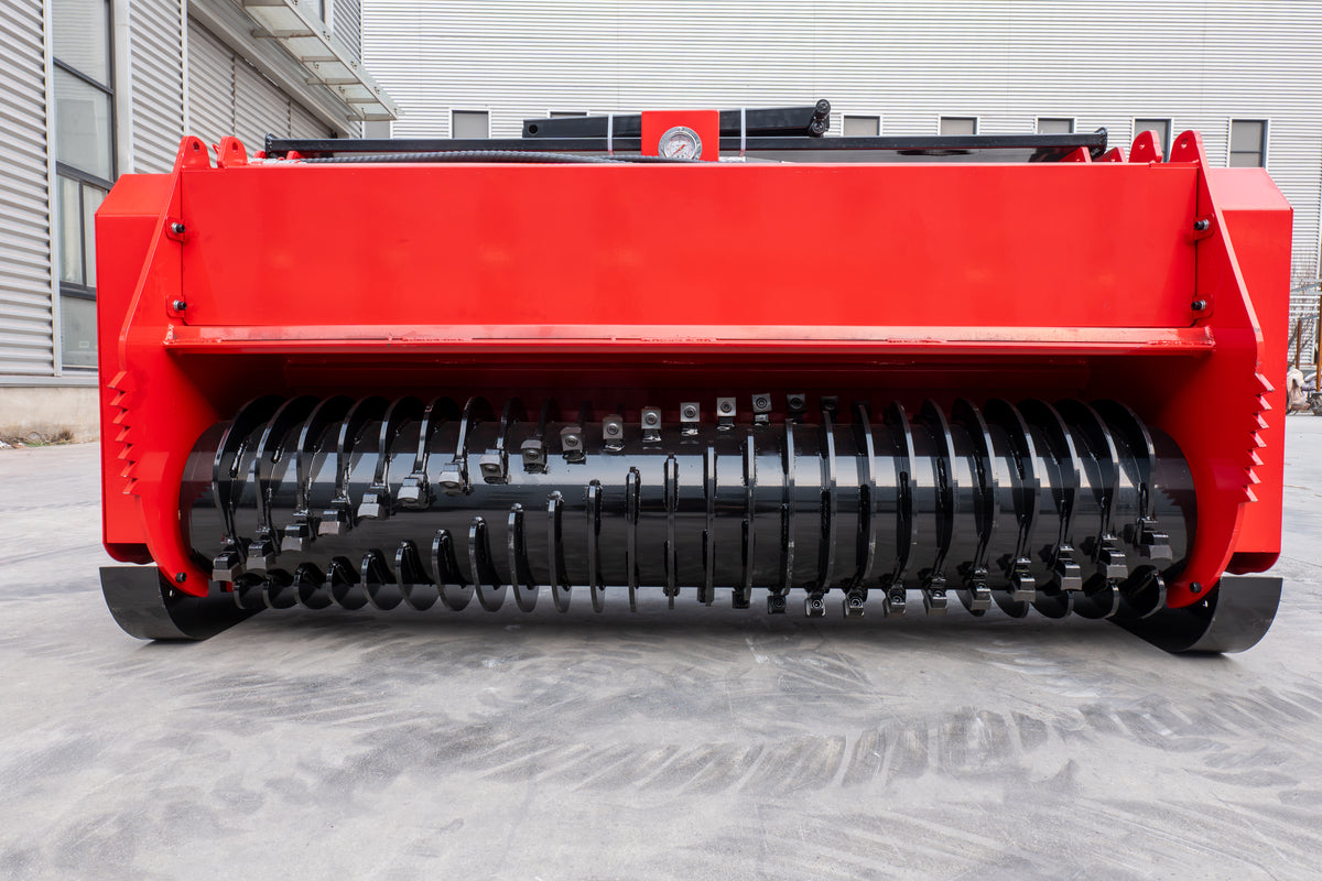 Red 72-inch skid steer mulcher attachment with black cutting drum and teeth