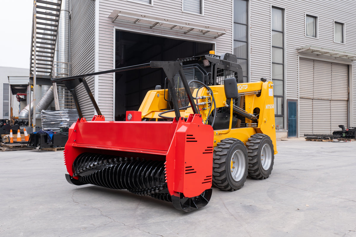 Red 72-inch mulcher attachment on a skid steer loader with heavy-duty cutting drum