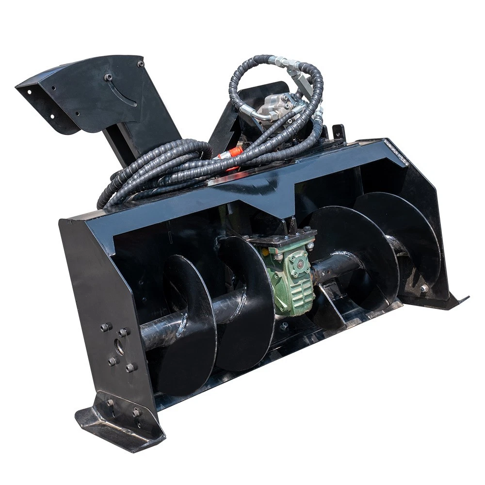Black MMS skid steer snow blower attachment with auger, hydraulic hoses, and chute