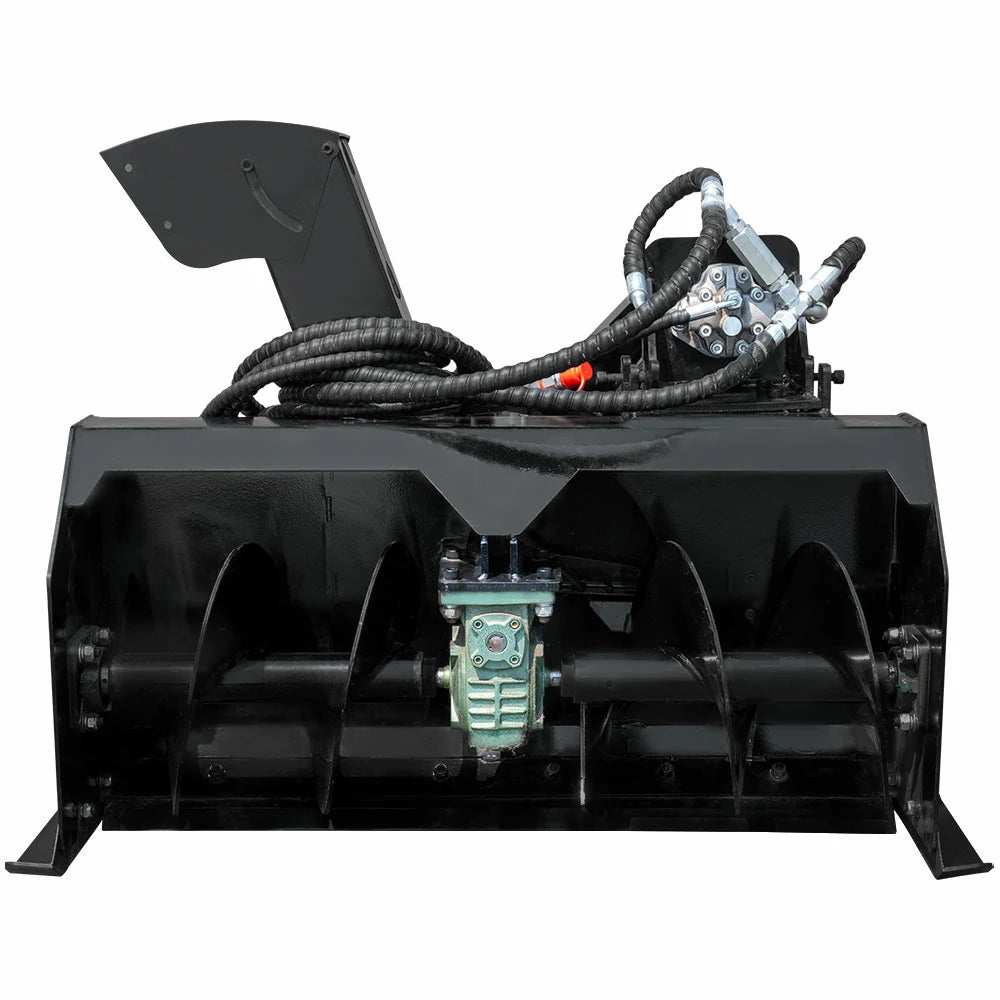 Black MMS skid steer snow blower attachment with hydraulic hoses and auger