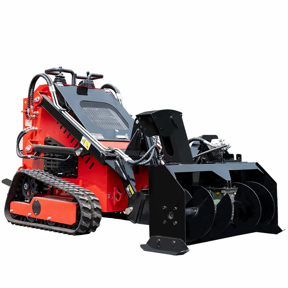 MMS skid steer loader with red snow blower attachment, black auger and chute