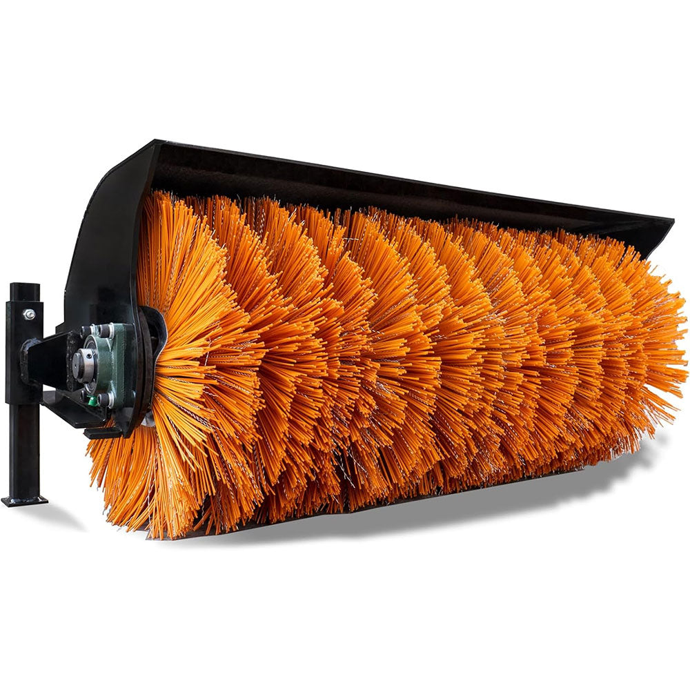 Hydraulic broom sweeper with orange bristles and black steel housing for MMS skid steer loader