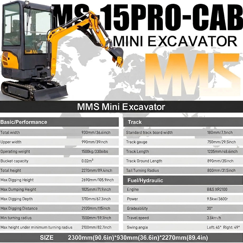 MS15PRO cab mini excavator with yellow boom, hydraulic thumb and B&S engine