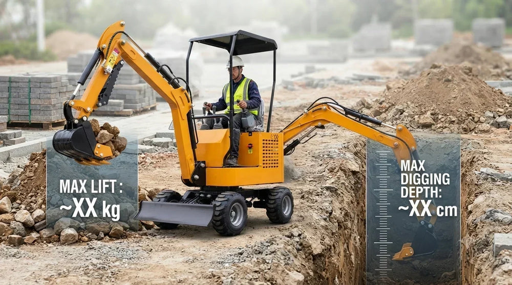 Mini wheel excavator working on construction site