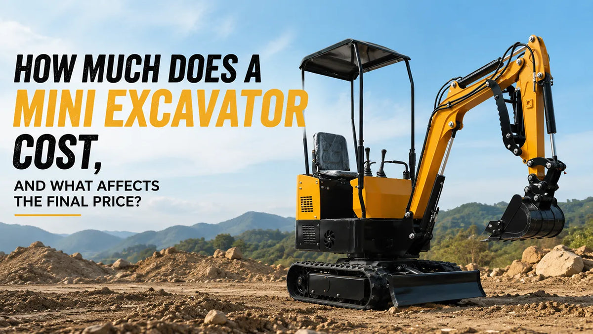 1-ton small mini excavator on excavation job site, image with text about mini excavator cost and price factors