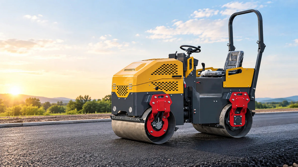 Asphalt road roller compactor on a paved road