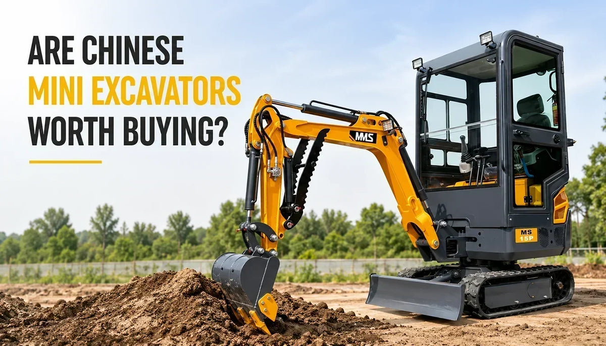 Yellow MMS MS-15P Chinese mini excavator digging on construction site with overlay text 'Are Chinese Mini Excavators Worth Buying?'