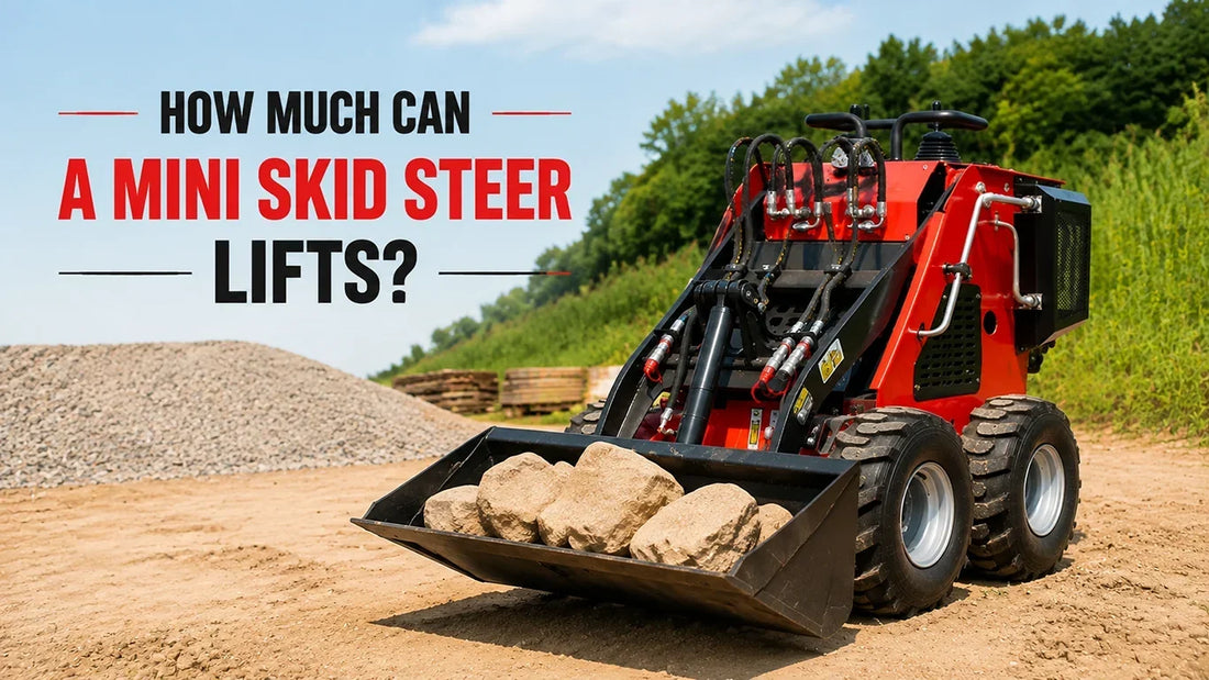 Red mini skid‑steer loader with rocks in bucket, title text: How Much Can A Mini Skid Steer Lifts, construction site background