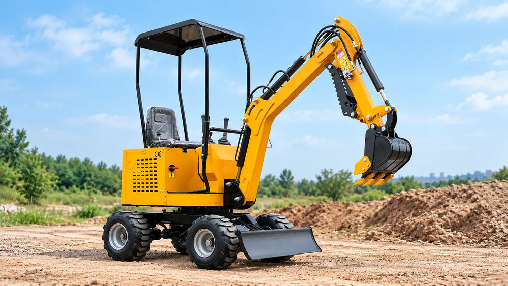 Compact yellow mini excavator with raised bucket on a dirt construction site