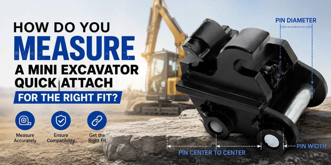 Diagram showing pin diameter, pin center-to-center, and pin width measurements on a mini excavator quick attach.