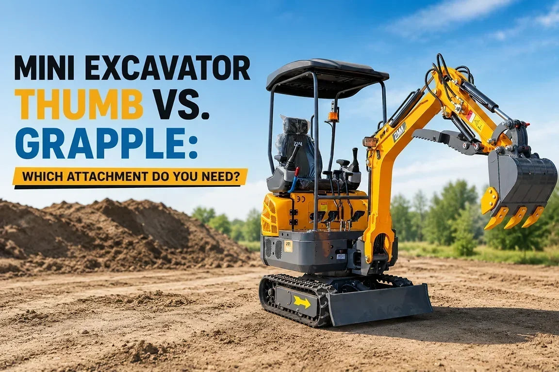 Mini excavator with thumb attachment digging on dirt site — used to compare thumb vs grapple attachments and which one you need.