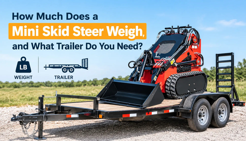 Mini skid steer loaded on a tandem-axle trailer with wooden deck outdoors