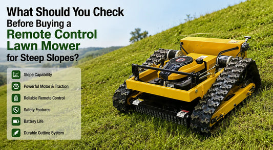Yellow remote control tracked lawn mower on a steep grassy slope, showing crawler undercarriage and slope capability checklist