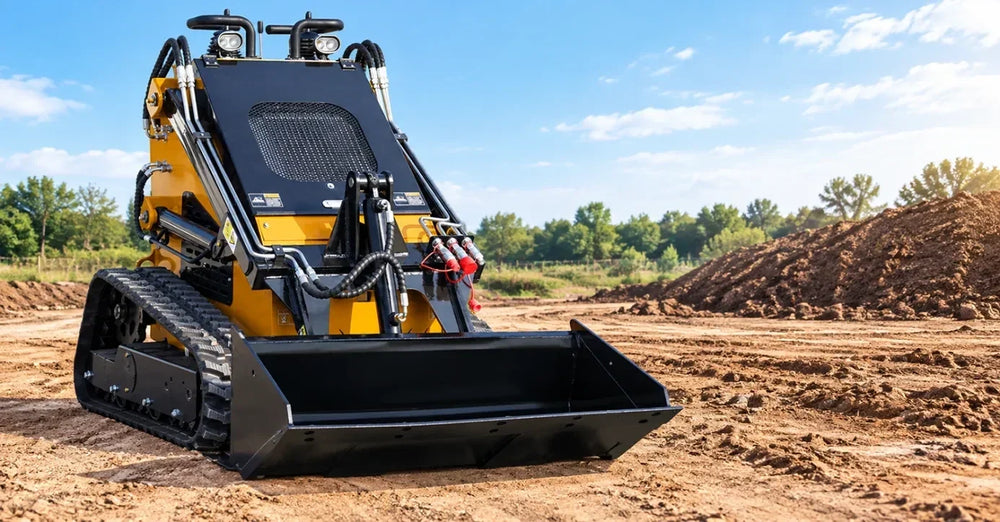Compact tracked loader with a wide front bucket parked on dirt, with a soil mound and trees in the background.