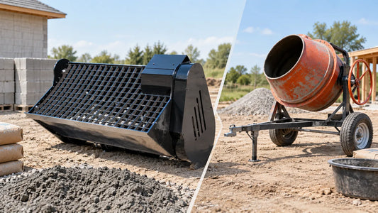 Black skid steer concrete mixing bucket attachment beside an orange tow-behind cement mixer on a jobsite.