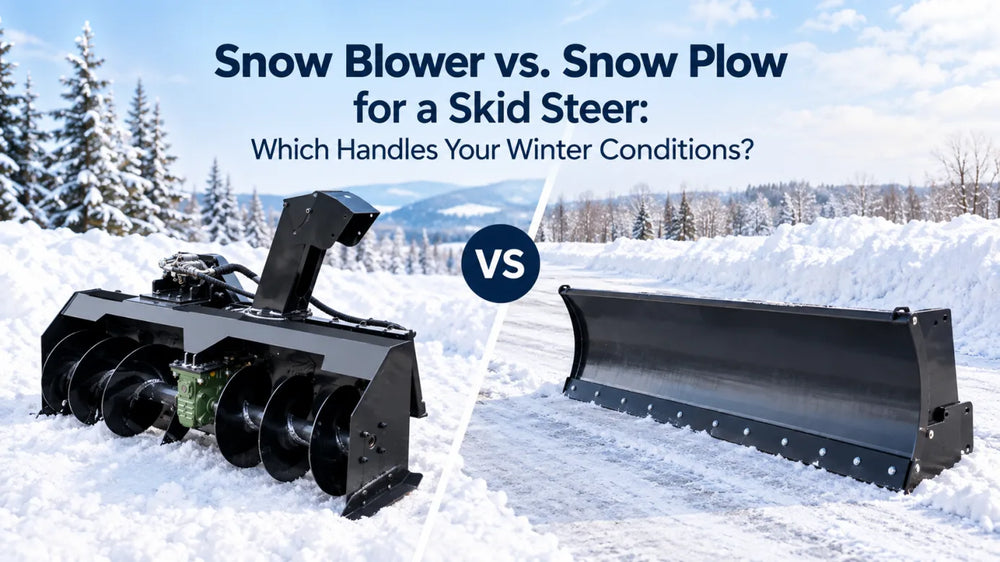 Split image comparing a skid steer snow blower attachment and snow plow attachment in winter.