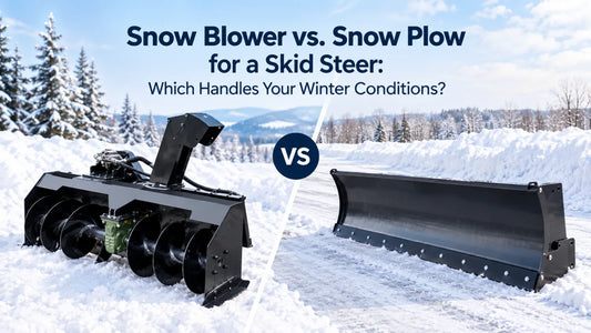 Split image comparing a skid steer snow blower attachment and snow plow attachment in winter.