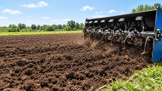 Blue and black rotary tiller churning dark brown soil, throwing dirt into the air.