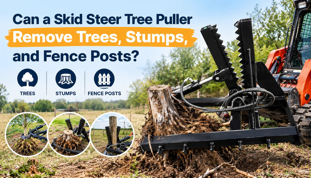 Skid steer tree puller gripping an uprooted stump in a grassy field.