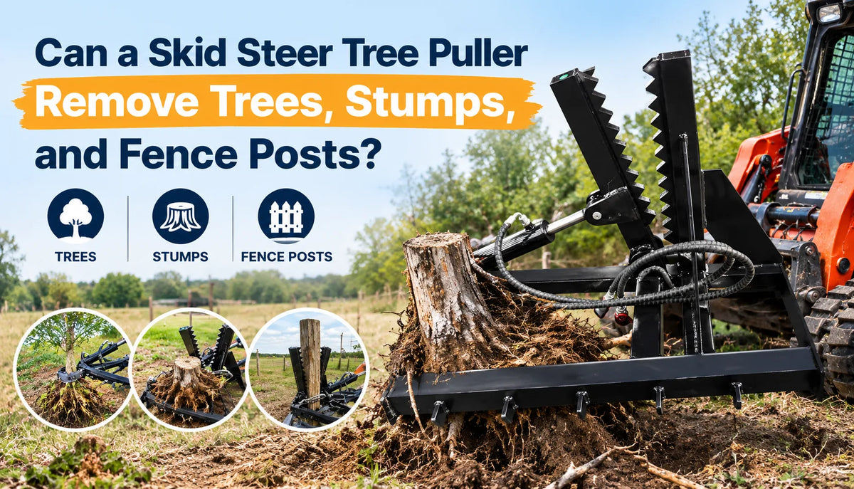 Skid steer tree puller gripping an uprooted stump in a grassy field.