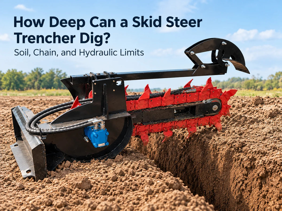 Skid steer trencher attachment with toothed chain digging a trench in brown soil
