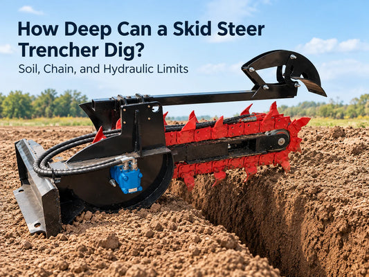 Skid steer trencher attachment with toothed chain digging a trench in brown soil
