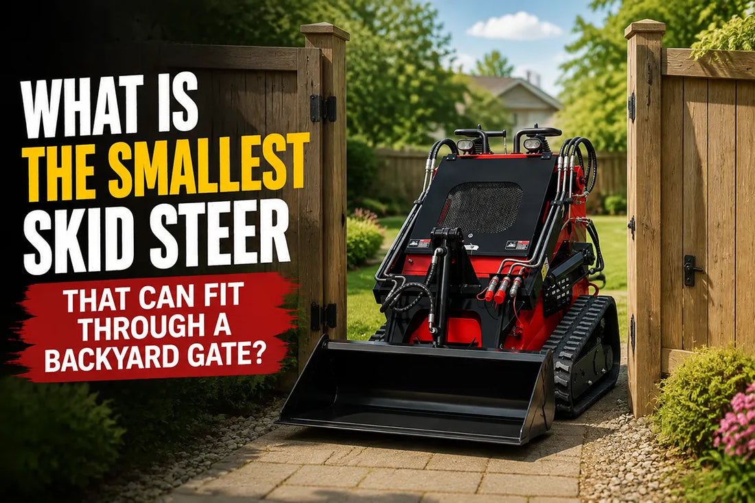 Compact red skid steer with tracks and front bucket between two wooden gate posts on a paved path.