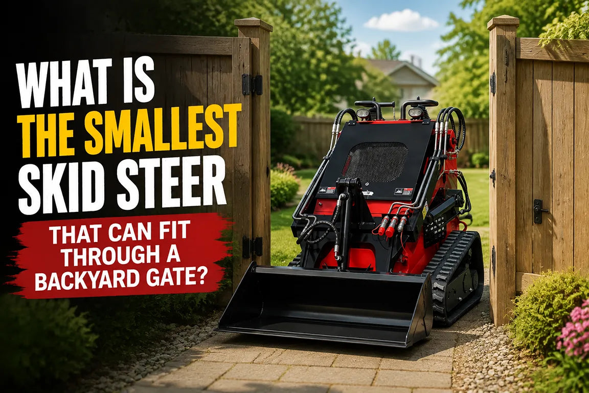 Compact red skid steer with tracks and front bucket between two wooden gate posts on a paved path.