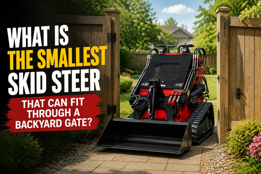 Compact red skid steer with tracks and front bucket between two wooden gate posts on a paved path.