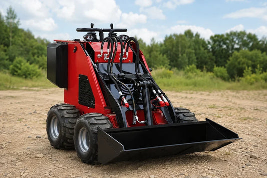 Red stand-on mini skid steer loader with a black bucket on a dirt work site, with trees in the background.