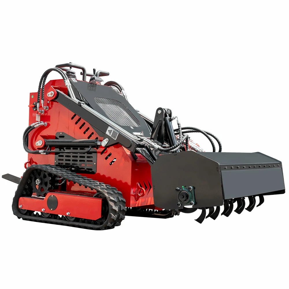 MMS rotary tiller attachment with hoses on red mini skid steer loader, black steel tiller