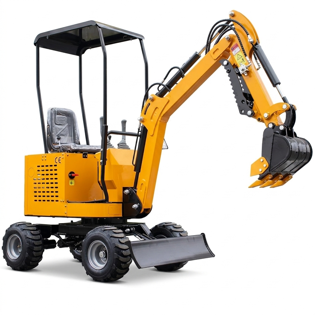 Wheeled 1-ton mini excavator with yellow boom, black bucket, canopy cab, and front blade